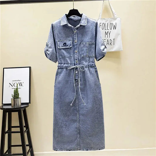 Vintage Short sleeve Jeans Dress Women's 2025 Spring Summer Waist Over the knee Denim Dress Female Buttons Casual Shirt Dresses Cox Costume LLC