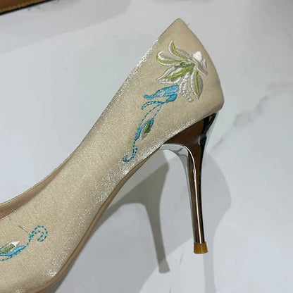 Slip-On Embroidery Thin Heel Pumps Women 2025 New Fashion Floral High Heels Shoes Woman Pointed Toe Embroider Party Shoes Ladies Cox Costume LLC