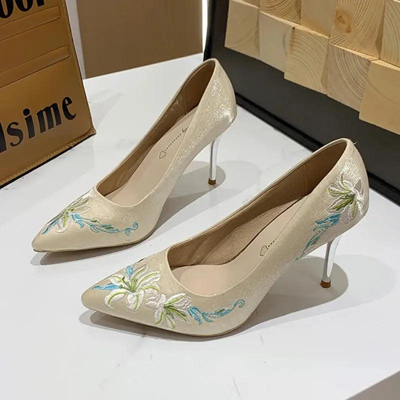 Slip-On Embroidery Thin Heel Pumps Women 2025 New Fashion Floral High Heels Shoes Woman Pointed Toe Embroider Party Shoes Ladies Cox Costume LLC