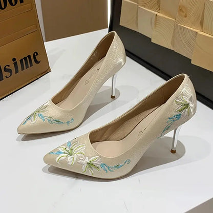 Slip-On Embroidery Thin Heel Pumps Women 2025 New Fashion Floral High Heels Shoes Woman Pointed Toe Embroider Party Shoes Ladies Cox Costume LLC