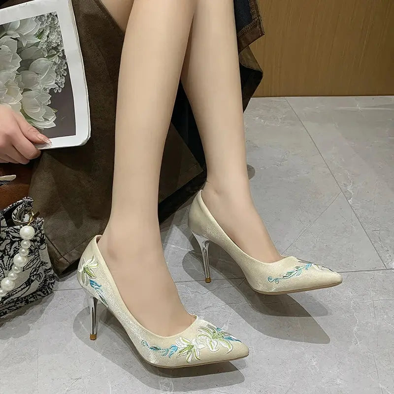 Slip-On Embroidery Thin Heel Pumps Women 2025 New Fashion Floral High Heels Shoes Woman Pointed Toe Embroider Party Shoes Ladies Cox Costume LLC