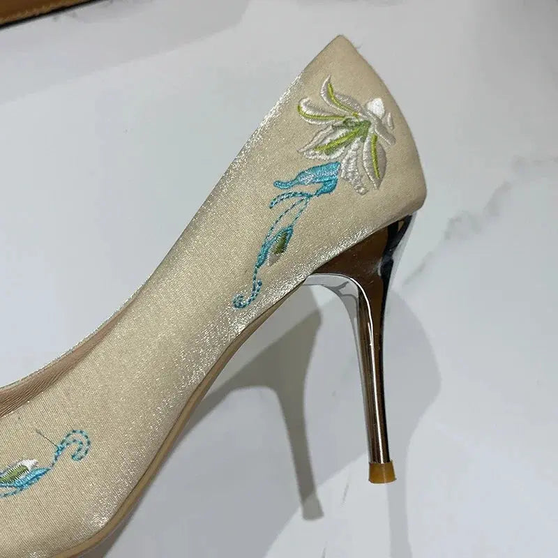 Slip-On Embroidery Thin Heel Pumps Women 2025 New Fashion Floral High Heels Shoes Woman Pointed Toe Embroider Party Shoes Ladies Cox Costume LLC