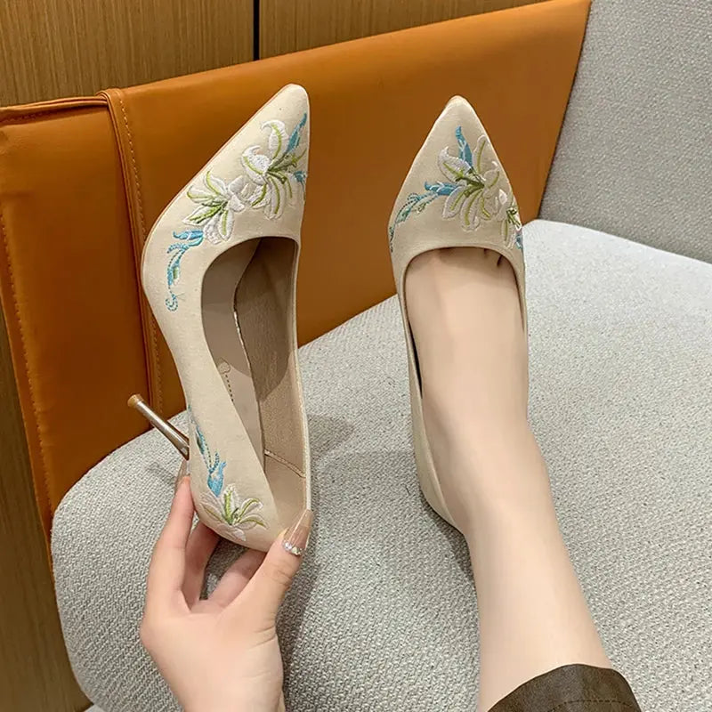 Slip-On Embroidery Thin Heel Pumps Women 2025 New Fashion Floral High Heels Shoes Woman Pointed Toe Embroider Party Shoes Ladies Cox Costume LLC