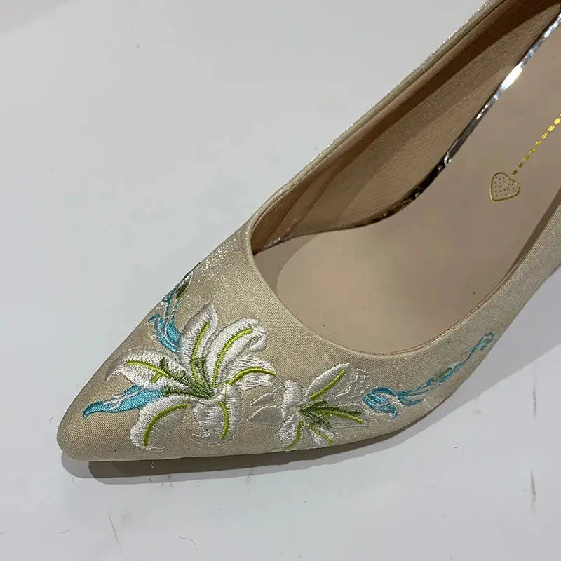 Slip-On Embroidery Thin Heel Pumps Women 2025 New Fashion Floral High Heels Shoes Woman Pointed Toe Embroider Party Shoes Ladies Cox Costume LLC