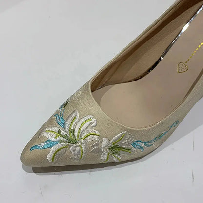 Slip-On Embroidery Thin Heel Pumps Women 2025 New Fashion Floral High Heels Shoes Woman Pointed Toe Embroider Party Shoes Ladies Cox Costume LLC