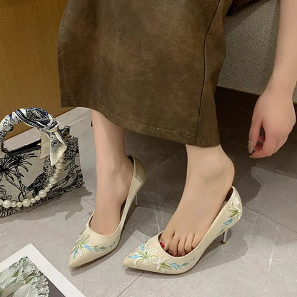 Slip-On Embroidery Thin Heel Pumps Women 2025 New Fashion Floral High Heels Shoes Woman Pointed Toe Embroider Party Shoes Ladies Cox Costume LLC
