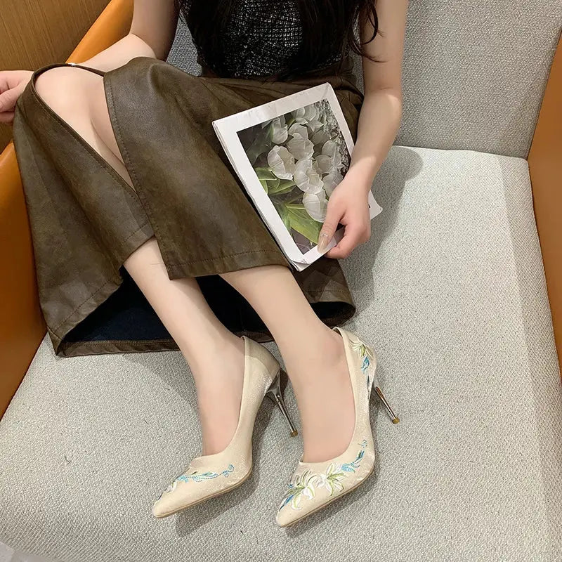 Slip-On Embroidery Thin Heel Pumps Women 2025 New Fashion Floral High Heels Shoes Woman Pointed Toe Embroider Party Shoes Ladies Cox Costume LLC