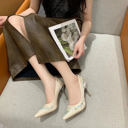 Slip-On Embroidery Thin Heel Pumps Women 2025 New Fashion Floral High Heels Shoes Woman Pointed Toe Embroider Party Shoes Ladies Cox Costume LLC