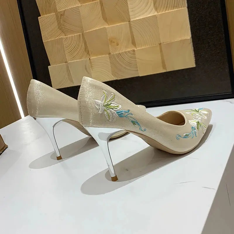 Slip-On Embroidery Thin Heel Pumps Women 2025 New Fashion Floral High Heels Shoes Woman Pointed Toe Embroider Party Shoes Ladies Cox Costume LLC