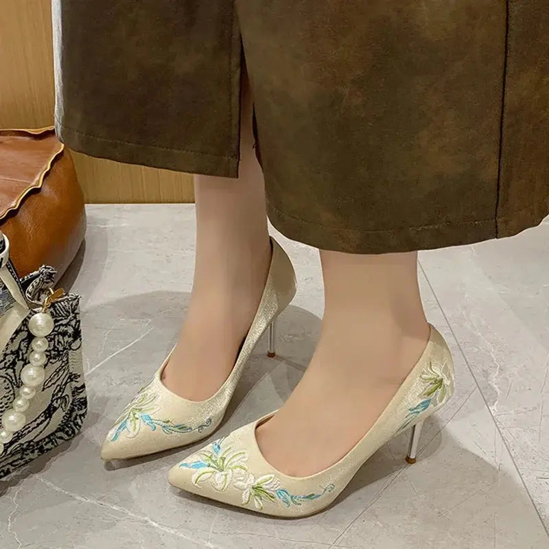 Slip-On Embroidery Thin Heel Pumps Women 2025 New Fashion Floral High Heels Shoes Woman Pointed Toe Embroider Party Shoes Ladies Cox Costume LLC