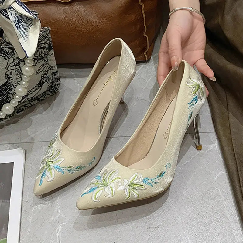 Slip-On Embroidery Thin Heel Pumps Women 2025 New Fashion Floral High Heels Shoes Woman Pointed Toe Embroider Party Shoes Ladies Cox Costume LLC