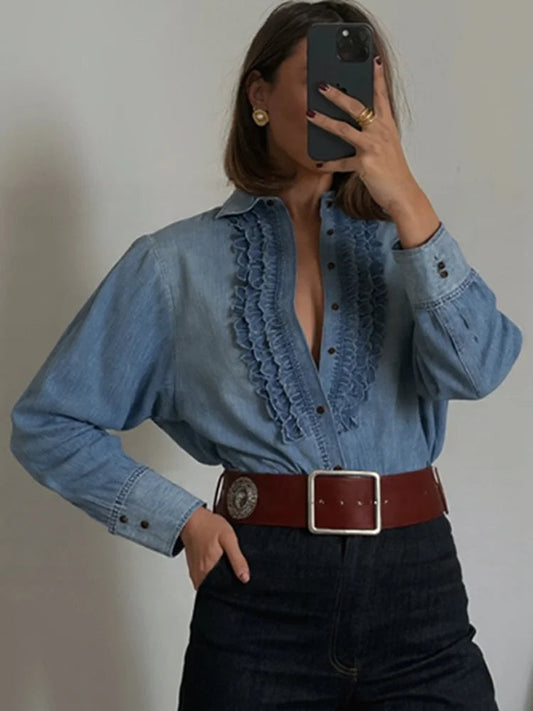 Denim Ruffles Shirts Women Single Breasted Lapel Long Sleeve Loose Fashion Shirt Coats 2025 Spring Summer Commute Blouses Top Cox Costume LLC