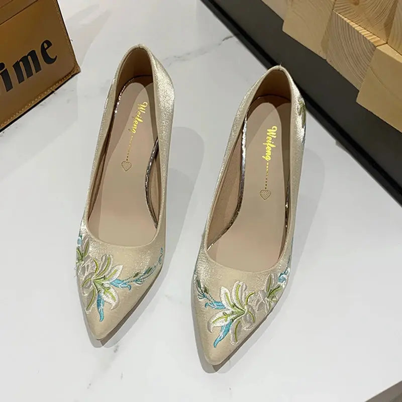 Slip-On Embroidery Thin Heel Pumps Women 2025 New Fashion Floral High Heels Shoes Woman Pointed Toe Embroider Party Shoes Ladies Cox Costume LLC