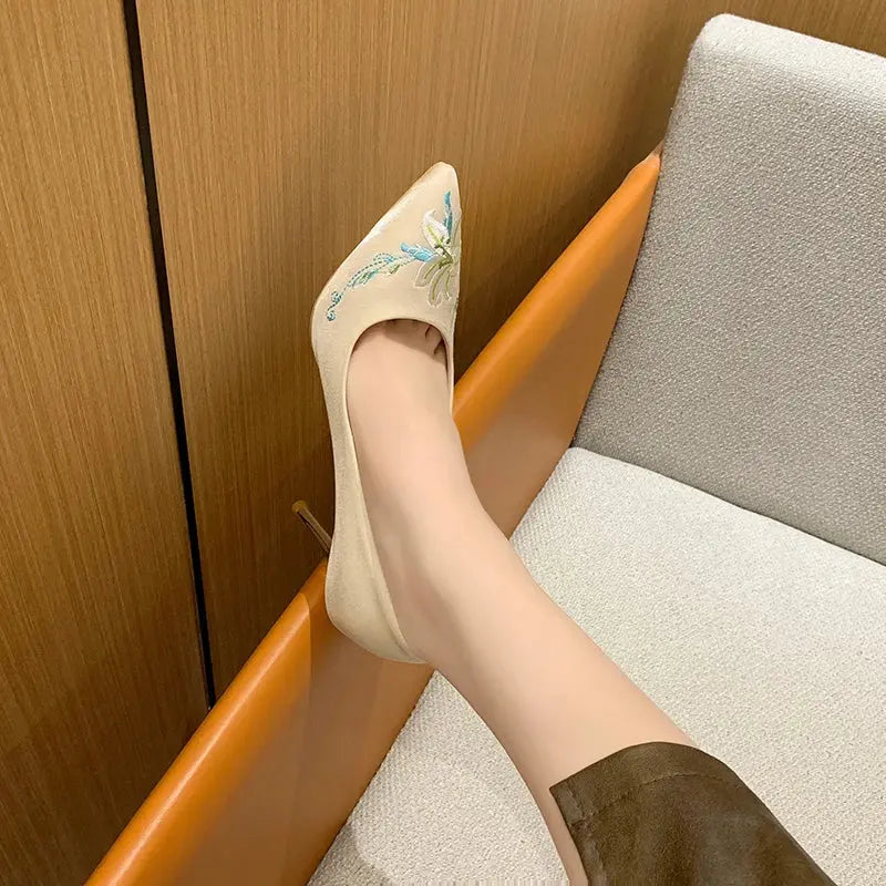 Slip-On Embroidery Thin Heel Pumps Women 2025 New Fashion Floral High Heels Shoes Woman Pointed Toe Embroider Party Shoes Ladies Cox Costume LLC