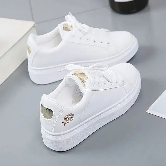 Women Leather Pu Casual Shoes New 2024 Woman Shoes Fashion Embroidered White Sneakers Breathable Flower Lace-Up Women Sneakers Cox Costume LLC