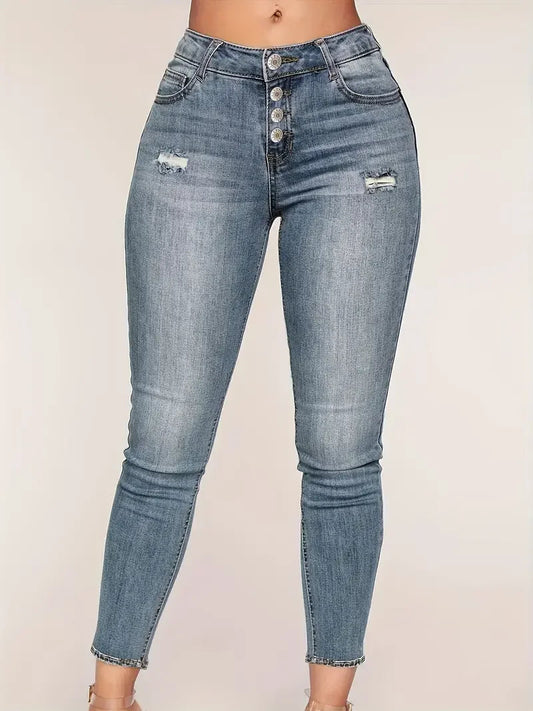 Women's Chic Ripped Pocket Jeans, Single Breasted Button Open and Close, Skinny Stretchy Denim Pants - Solid Color Cox Costume LLC