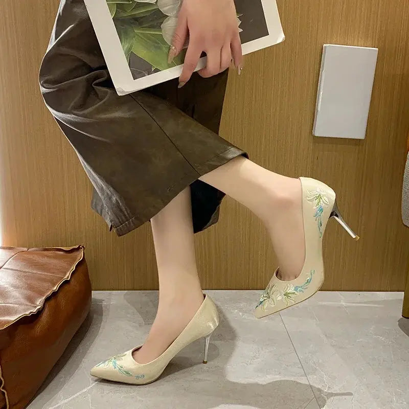 Slip-On Embroidery Thin Heel Pumps Women 2025 New Fashion Floral High Heels Shoes Woman Pointed Toe Embroider Party Shoes Ladies Cox Costume LLC