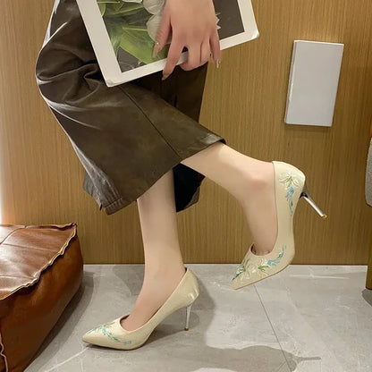Slip-On Embroidery Thin Heel Pumps Women 2025 New Fashion Floral High Heels Shoes Woman Pointed Toe Embroider Party Shoes Ladies Cox Costume LLC