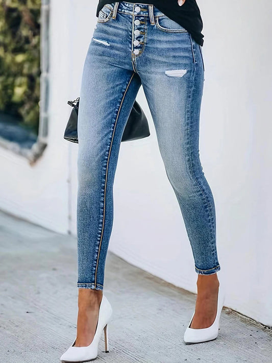 Women's High Waisted Elastic Perforated Single Breasted Washed Slim Fit Jeans with Slanted Pockets, Fashionable Casual Jeans, Ma Cox Costume LLC
