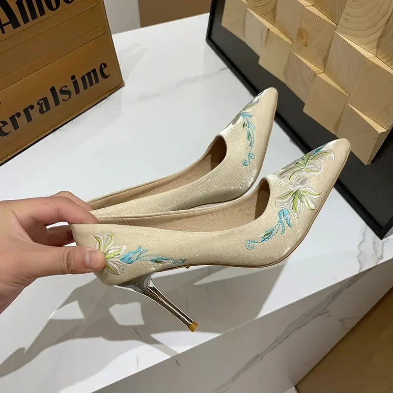 Slip-On Embroidery Thin Heel Pumps Women 2025 New Fashion Floral High Heels Shoes Woman Pointed Toe Embroider Party Shoes Ladies Cox Costume LLC