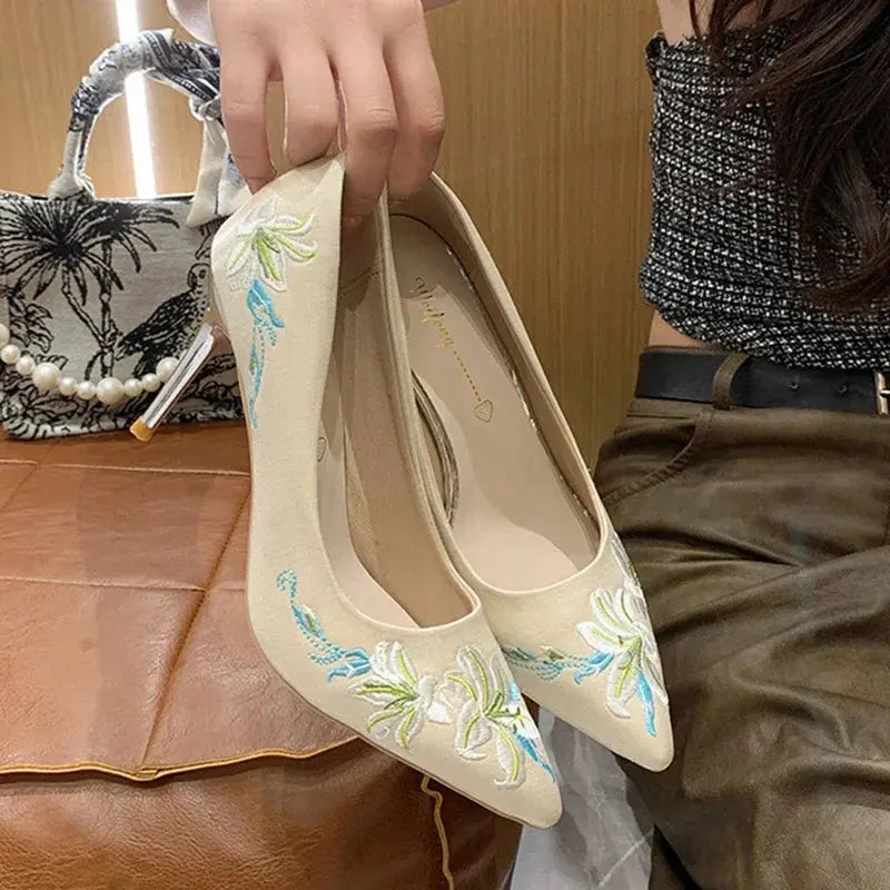 Slip-On Embroidery Thin Heel Pumps Women 2025 New Fashion Floral High Heels Shoes Woman Pointed Toe Embroider Party Shoes Ladies Cox Costume LLC