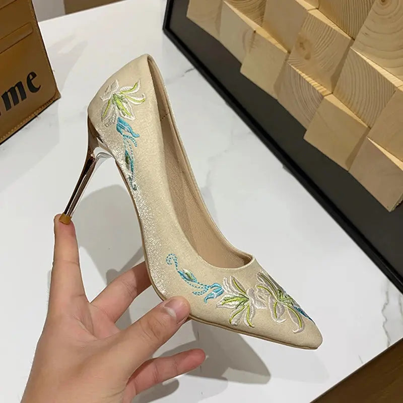 Slip-On Embroidery Thin Heel Pumps Women 2025 New Fashion Floral High Heels Shoes Woman Pointed Toe Embroider Party Shoes Ladies Cox Costume LLC