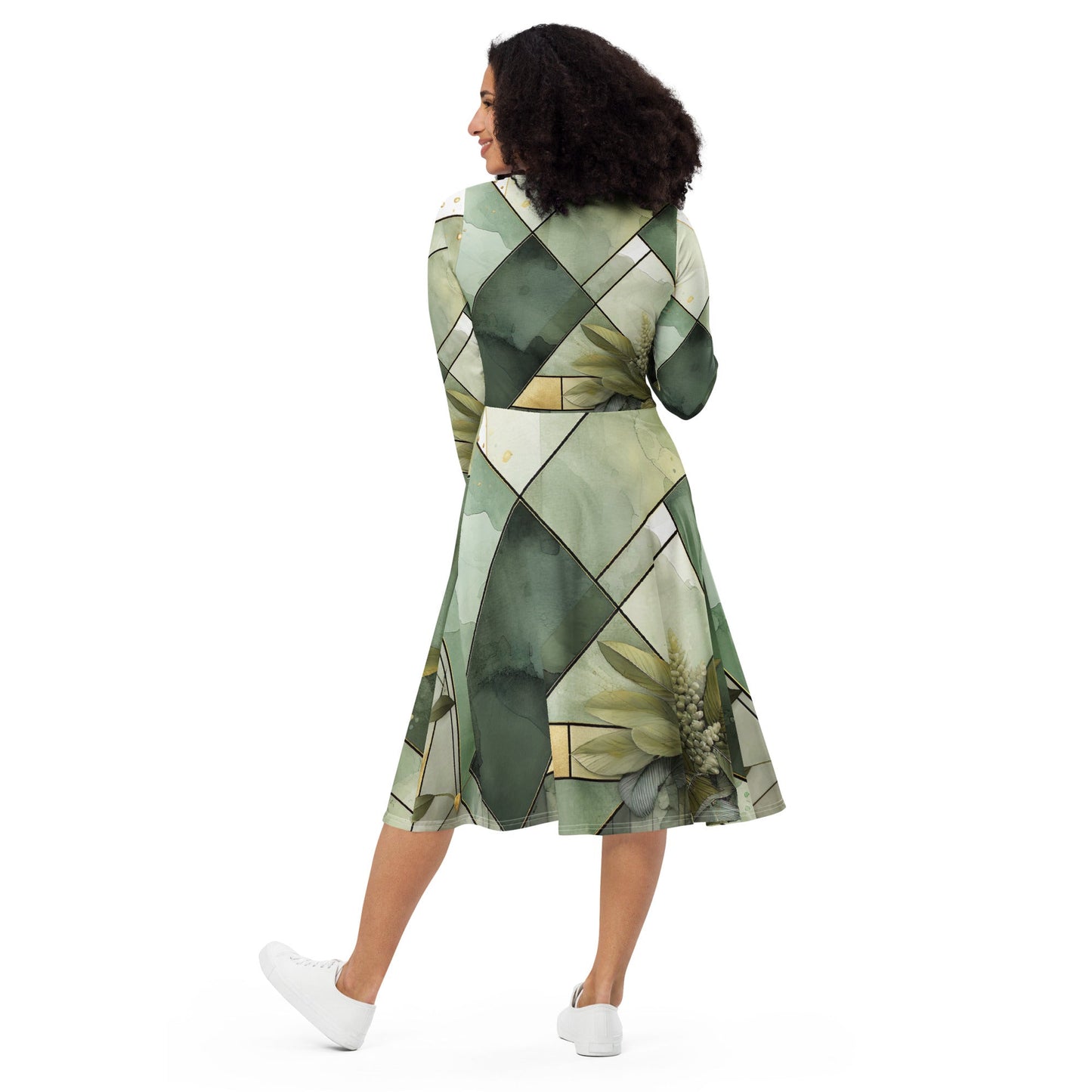 Womens Long Sleeve Midi Dress - Olive Green Mint Leaf Geometric Print