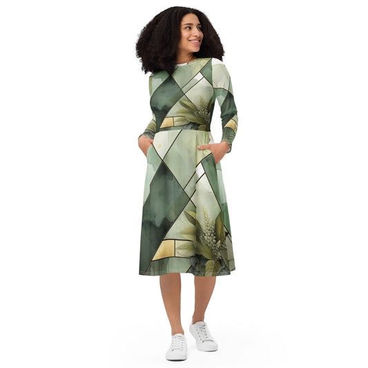 Womens Long Sleeve Midi Dress - Olive Green Mint Leaf Geometric Print