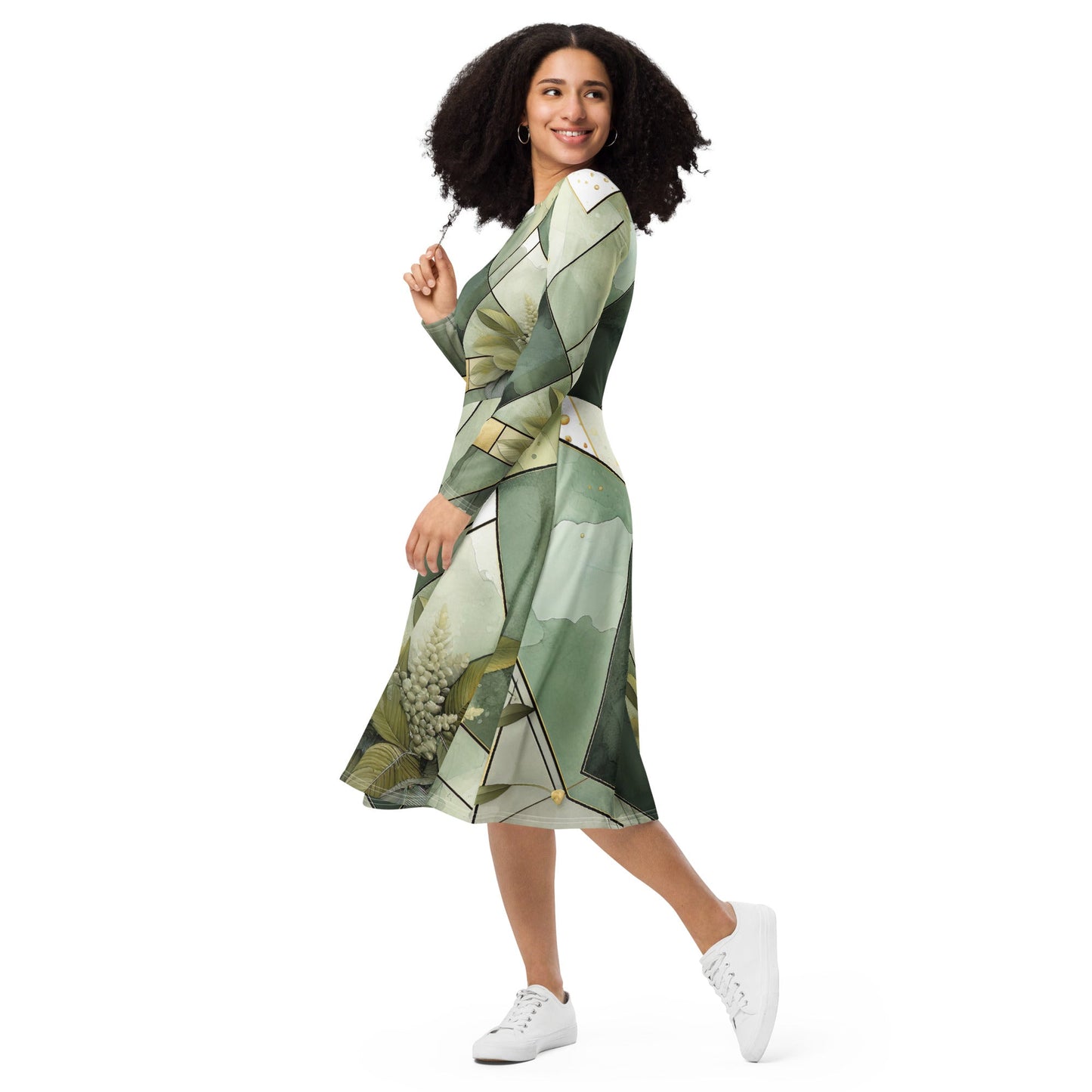 Womens Long Sleeve Midi Dress - Olive Green Mint Leaf Geometric Print