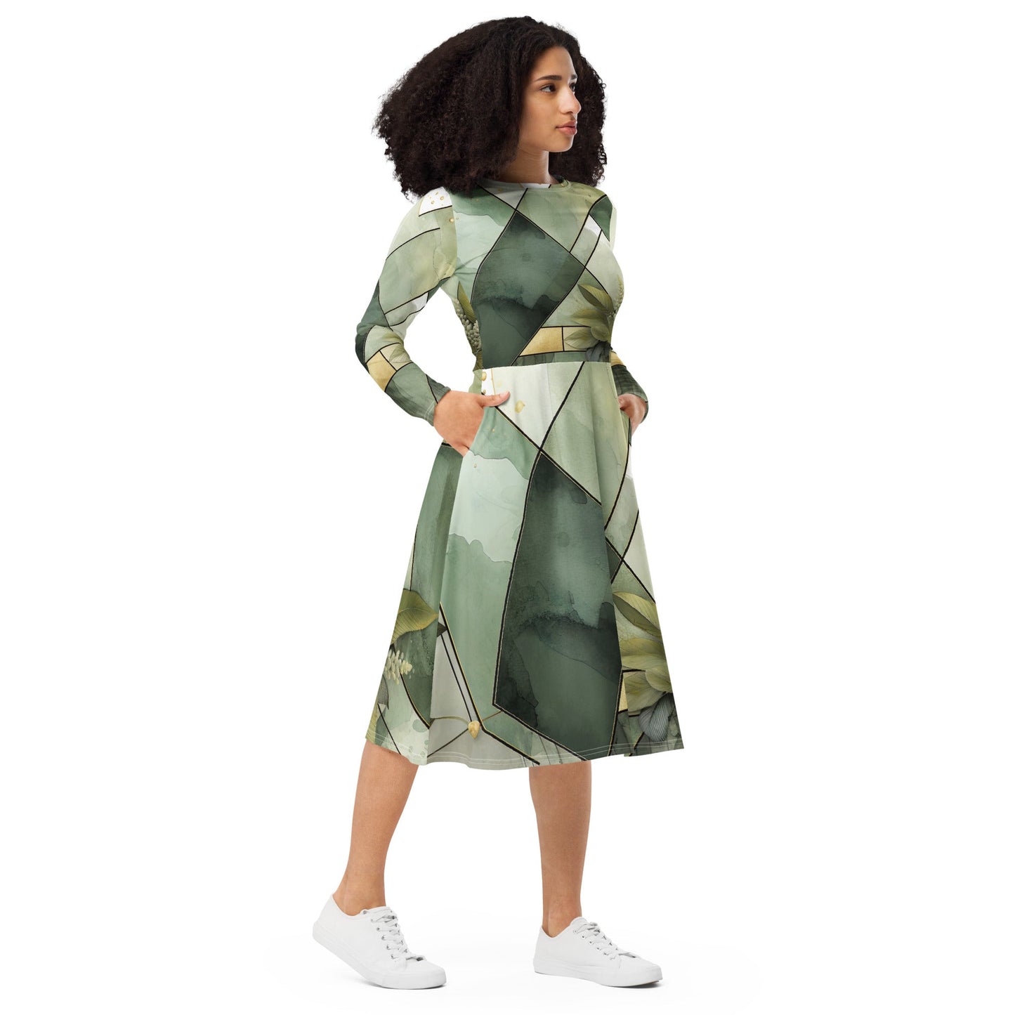 Womens Long Sleeve Midi Dress - Olive Green Mint Leaf Geometric Print