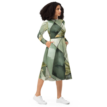 Womens Long Sleeve Midi Dress - Olive Green Mint Leaf Geometric Print